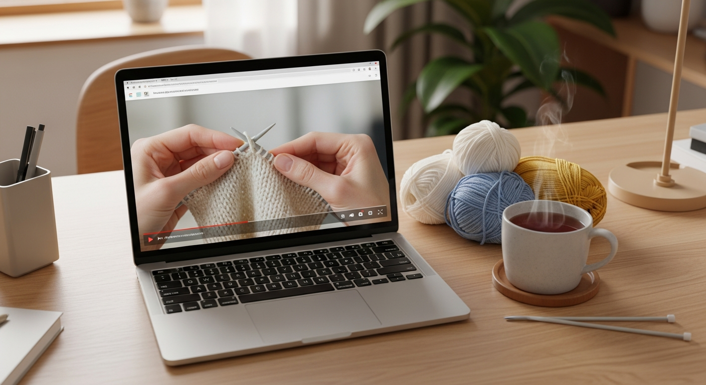 Ноутбук с видеоуроком по вязанию, рядом чашка чая и пряжа
