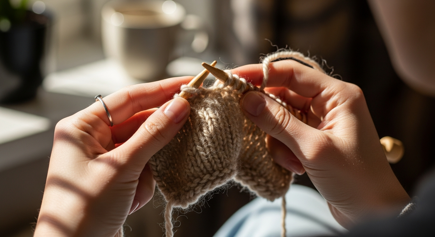 Руки вяжут спицами из мягкой шерстяной пряжи