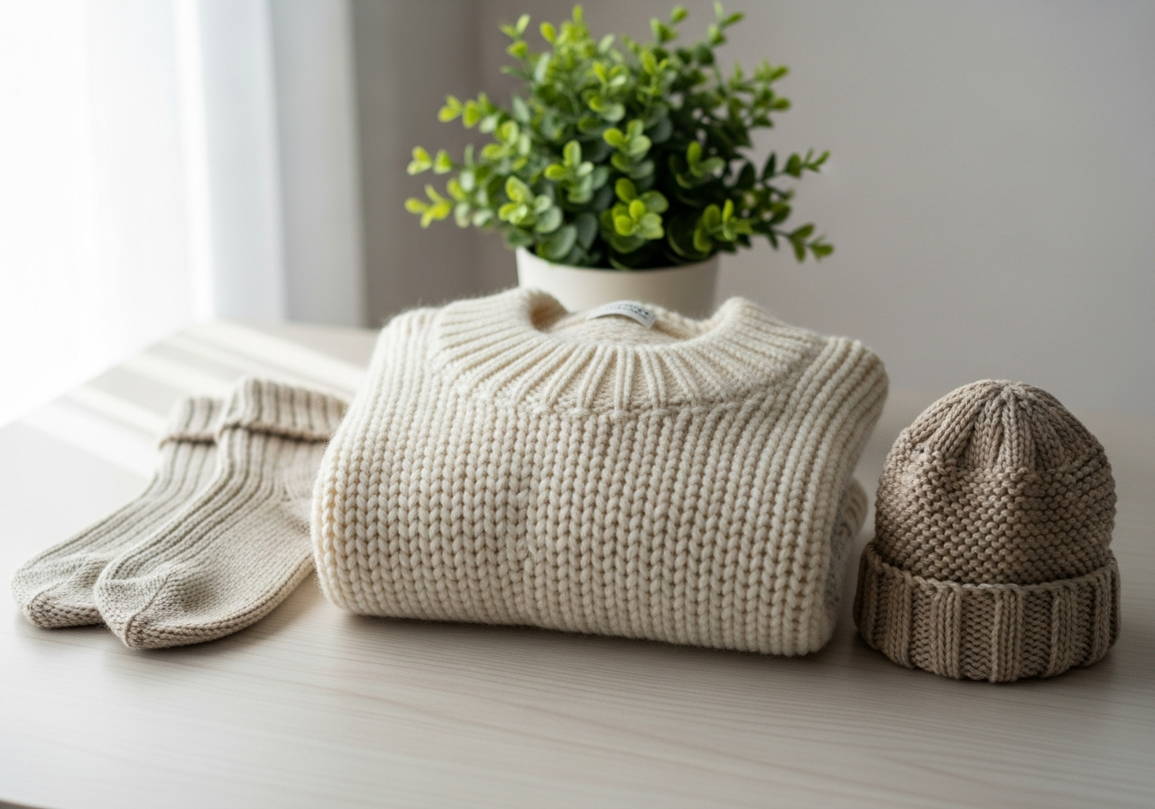 Готовые вязаные изделия: шапка, носки и свитер на деревянной поверхности